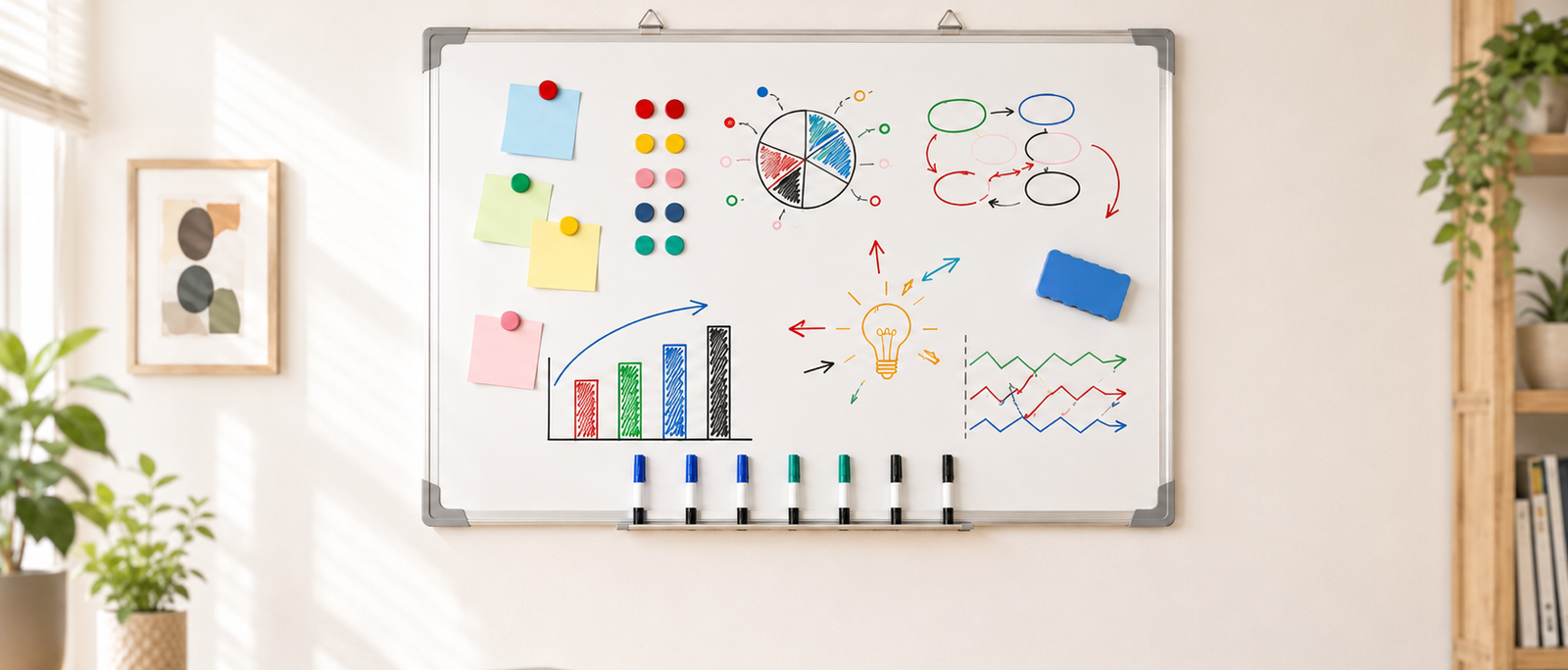 Nyxi magnetic whiteboard on a home office wall with markers, magnets and duster on the pen tray