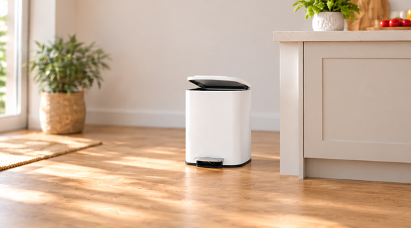 Nyxi 30L stainless steel pedal bin with soft-close lid in a bright modern kitchen