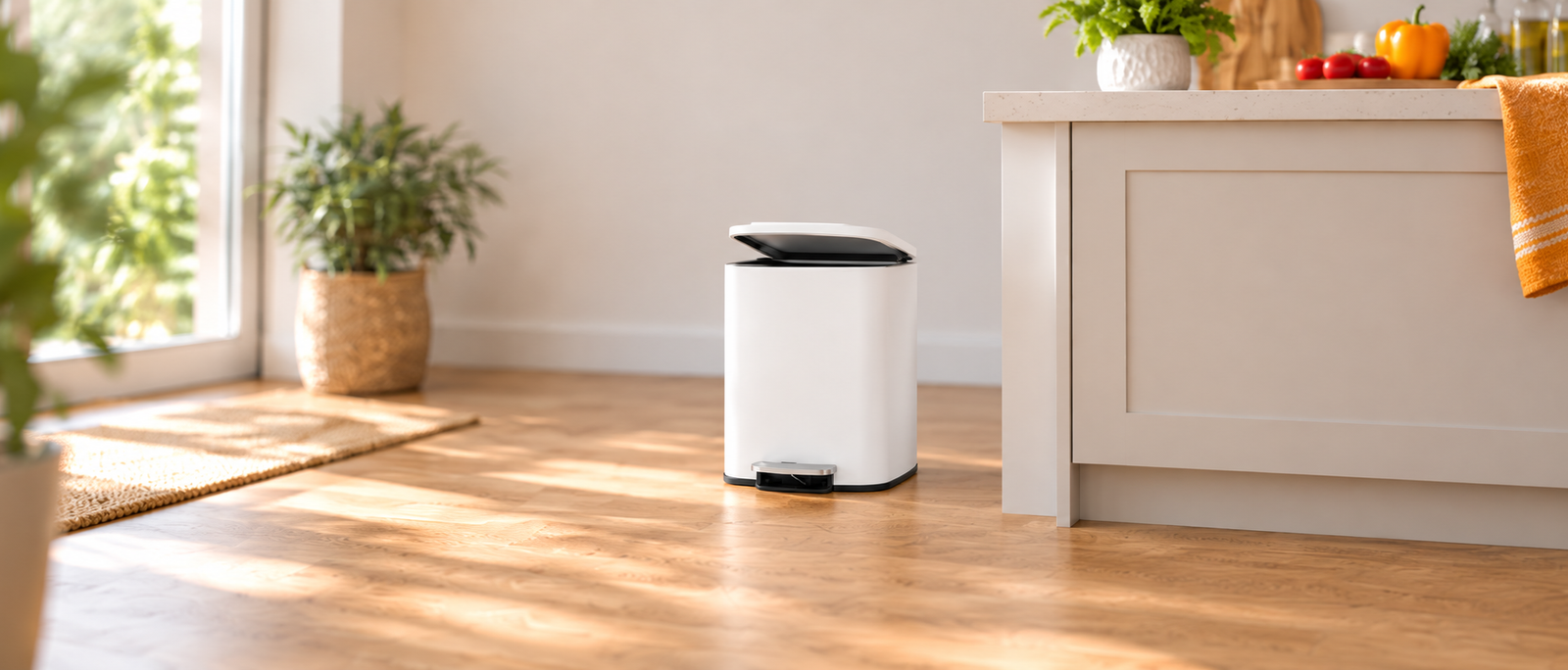 Nyxi 30L stainless steel pedal bin with soft-close lid in a bright modern kitchen