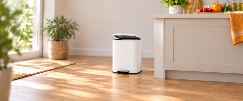 Nyxi 30L stainless steel pedal bin with soft-close lid in a bright modern kitchen