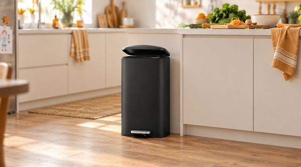 Nyxi 50L large stainless steel pedal bin with soft-close lid in a busy family kitchen