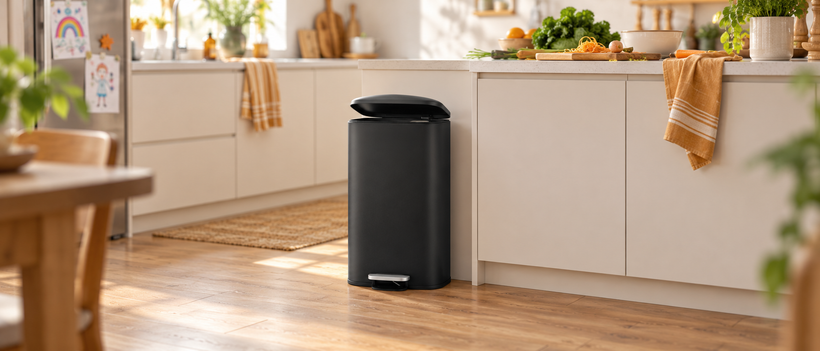 Nyxi 50L large stainless steel pedal bin with soft-close lid in a busy family kitchen