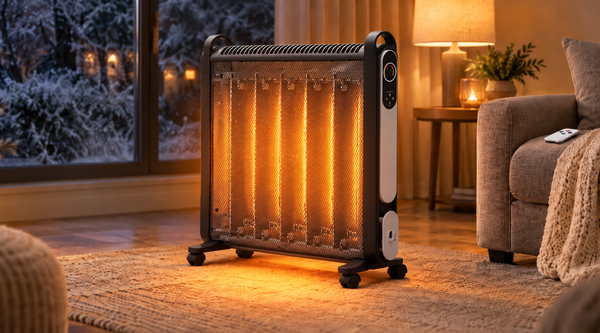 Nyxi mica oil-free panel heater 2000W glowing warmly in a cosy UK living room on a winter evening