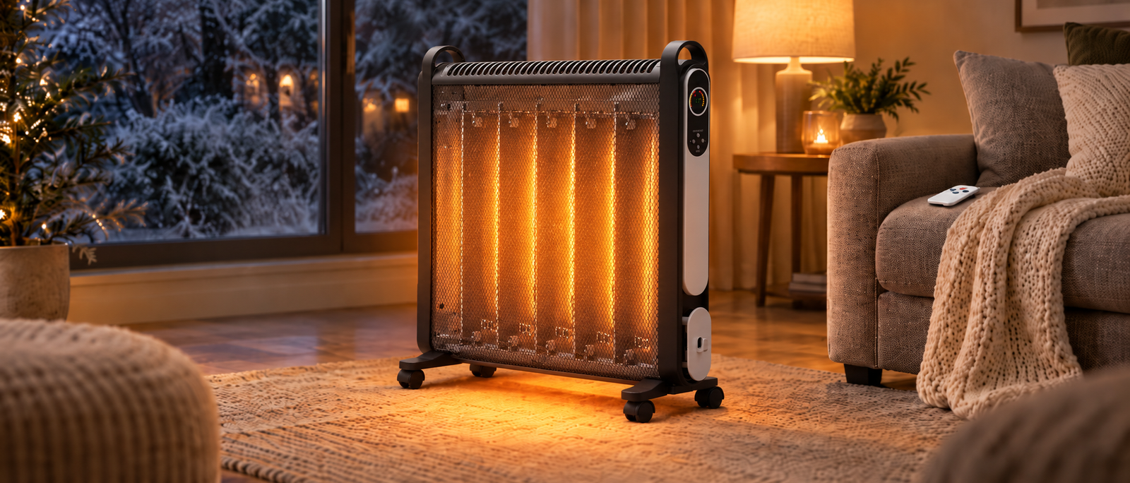 Nyxi mica oil-free panel heater 2000W glowing warmly in a cosy UK living room on a winter evening