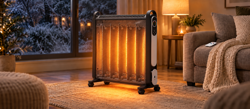 Nyxi mica oil-free panel heater 2000W glowing warmly in a cosy UK living room on a winter evening