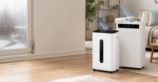 Condensation and mould on a UK living room window, with the Nyxi 20L and 30L smart dehumidifiers