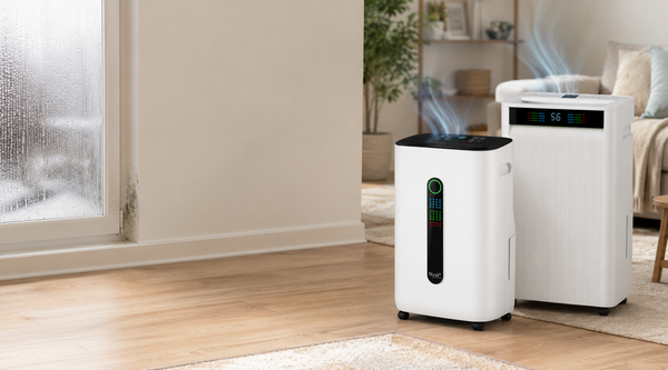 Condensation and mould on a UK living room window, with the Nyxi 20L and 30L smart dehumidifiers