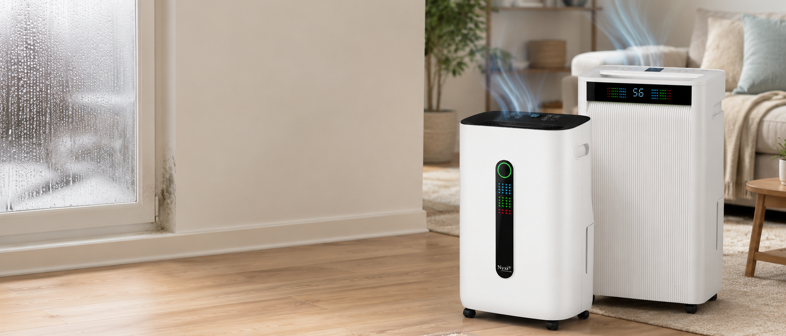 Condensation and mould on a UK living room window, with the Nyxi 20L and 30L smart dehumidifiers