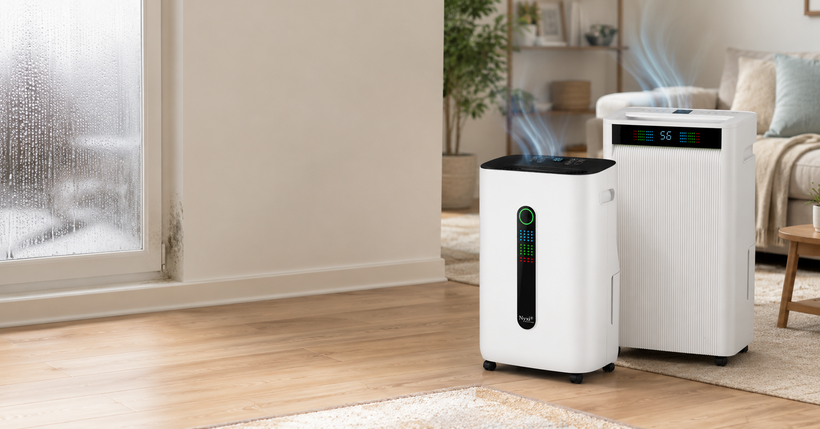 Condensation and mould on a UK living room window, with the Nyxi 20L and 30L smart dehumidifiers