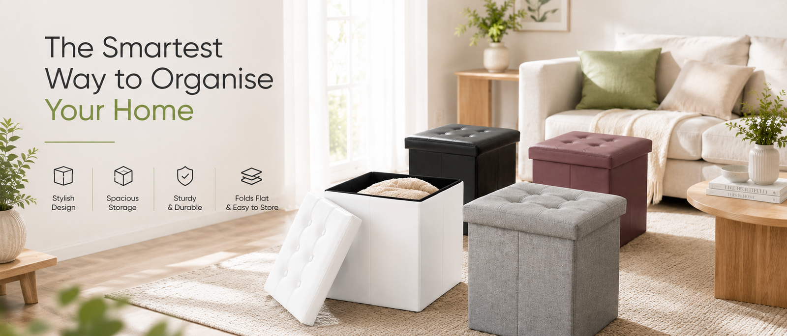 Nyxi faux leather ottoman storage boxes in white, black and brown
