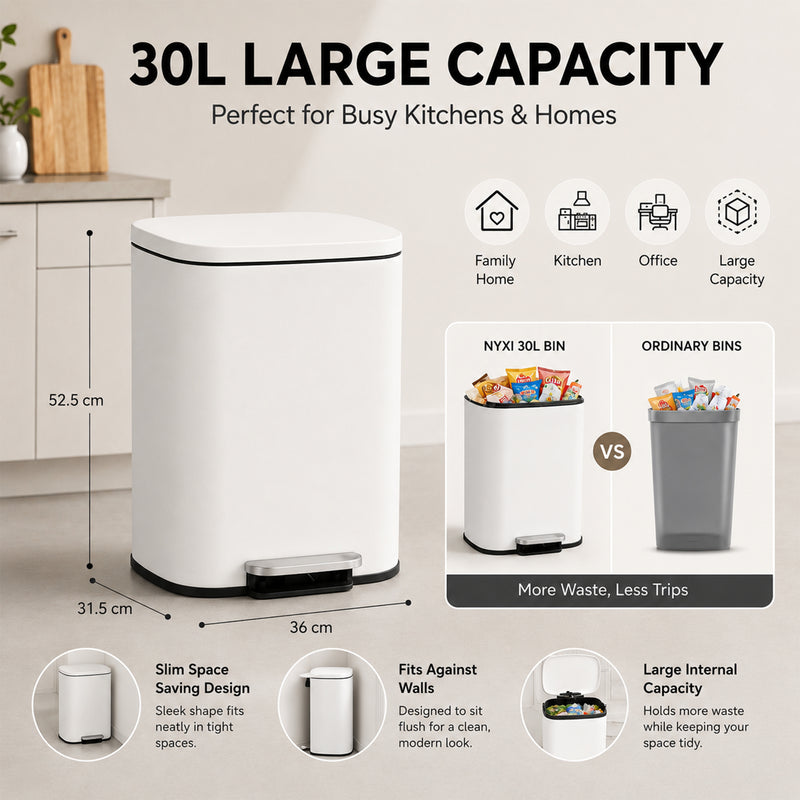Nyxi 30L Stainless Steel Pedal Bin with Soft-Close Lid, Fingerprint Resistant - White