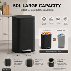 Nyxi 50L Stainless Steel Pedal Bin with Soft-Close Lid ,Fingerprint Resistant - Black
