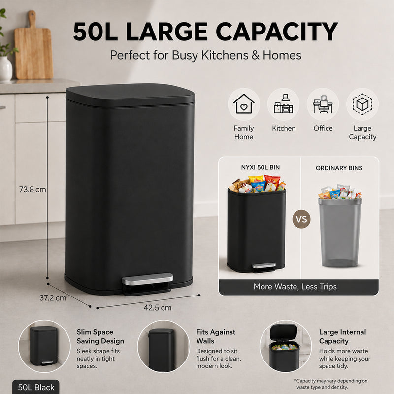 Nyxi 50L Stainless Steel Pedal Bin with Soft-Close Lid ,Fingerprint Resistant - Black