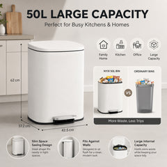 Nyxi 50L Stainless Steel Pedal Bin with Soft-Close Lid ,Fingerprint Resistant - White