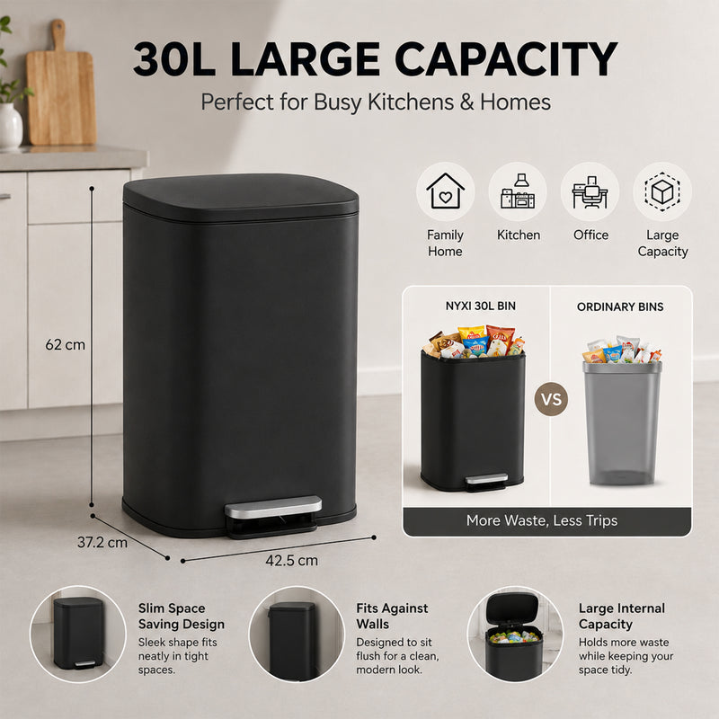 Nyxi 30L Stainless Steel Pedal Bin with Soft-Close Lid, Fingerprint Resistant - Black
