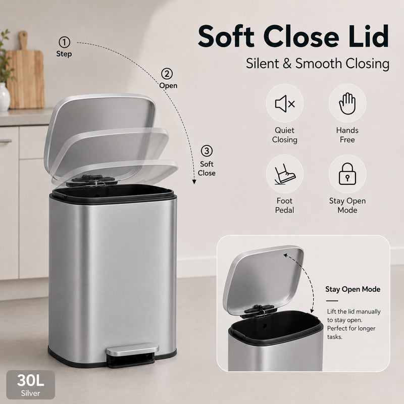 Nyxi 30L Pedal Bin Soft-Close Lid Stainless Steel Durable Design for Home & Office - Silver