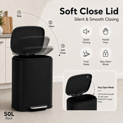 Nyxi 50L Stainless Steel Pedal Bin with Soft-Close Lid ,Fingerprint Resistant - Black