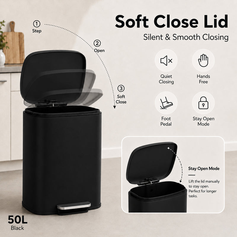 Nyxi 50L Stainless Steel Pedal Bin with Soft-Close Lid ,Fingerprint Resistant - Black