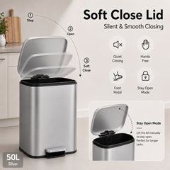 Nyxi 50L Stainless Steel Pedal Bin with Soft-Close Lid ,Fingerprint Resistant - Silver