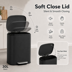 Nyxi 30L Stainless Steel Pedal Bin with Soft-Close Lid, Fingerprint Resistant - Black