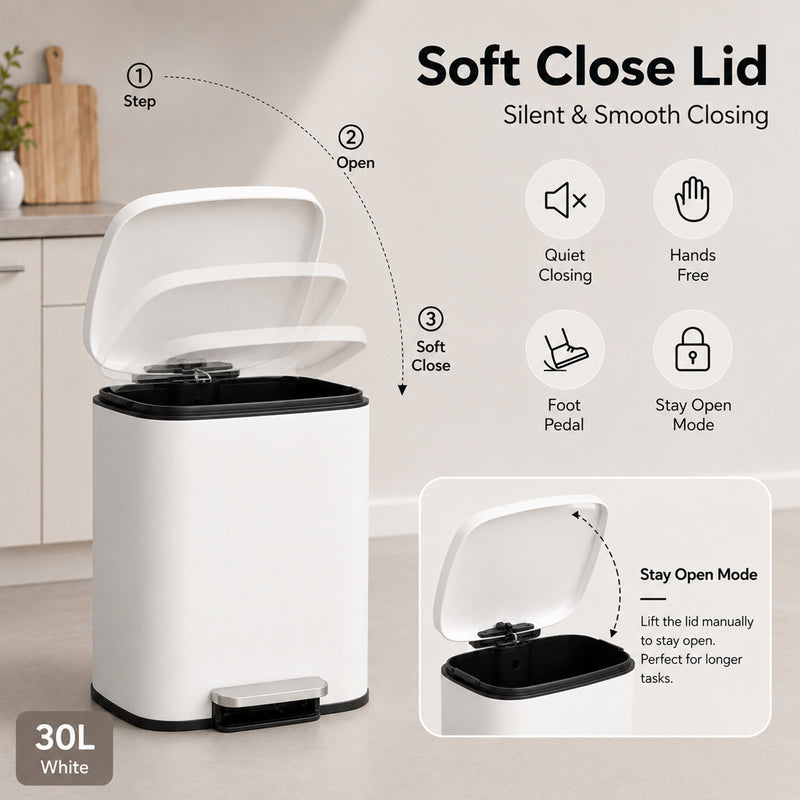 Nyxi 30L Stainless Steel Pedal Bin with Soft-Close Lid, Fingerprint Resistant - White