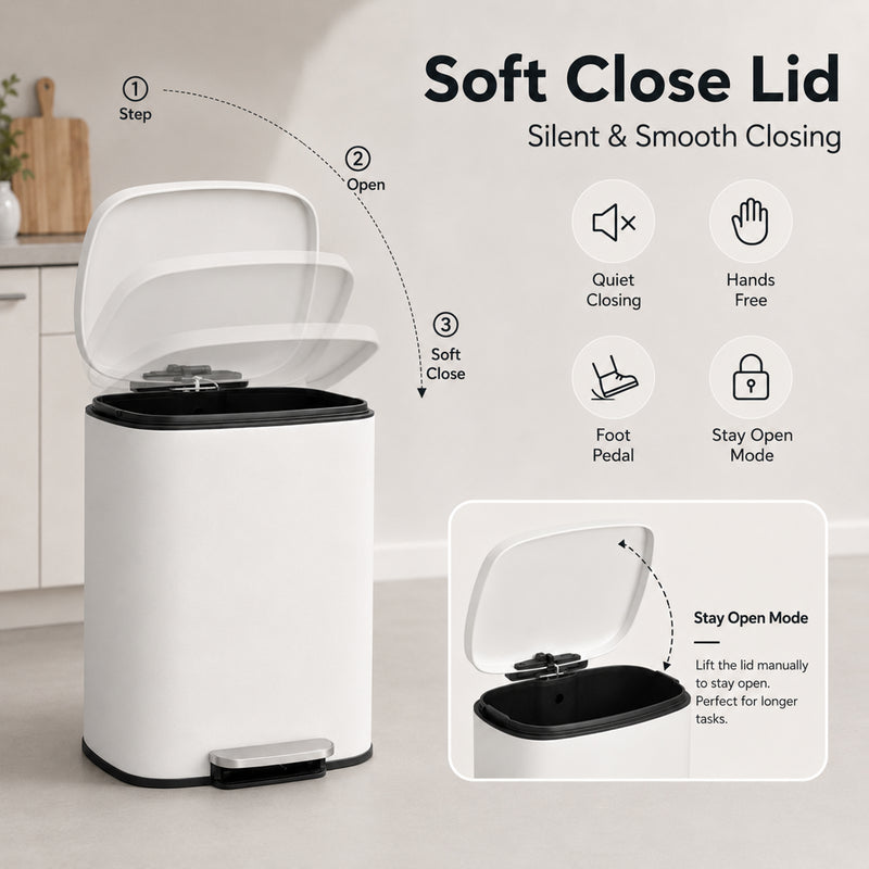 Nyxi 50L Stainless Steel Pedal Bin with Soft-Close Lid ,Fingerprint Resistant - White