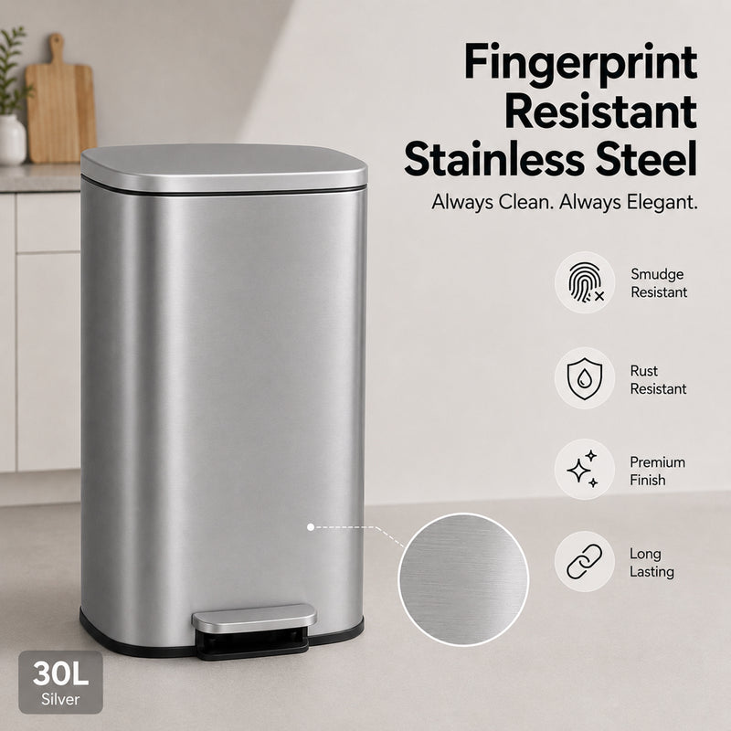 Nyxi 30L Pedal Bin Soft-Close Lid Stainless Steel Durable Design for Home & Office - Silver