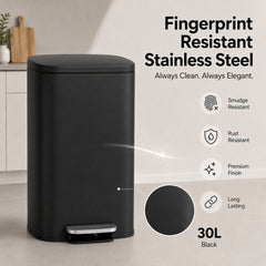 Nyxi 30L Stainless Steel Pedal Bin with Soft-Close Lid, Fingerprint Resistant - Black