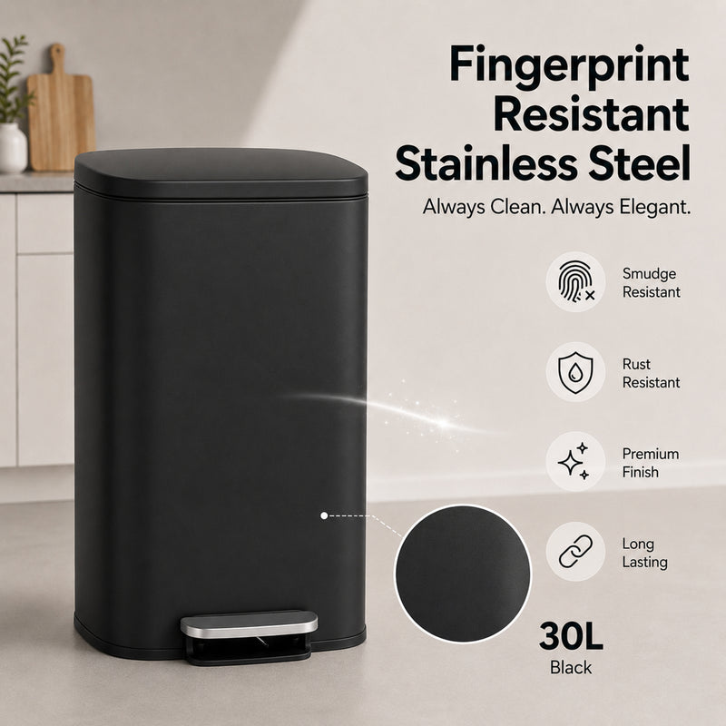 Nyxi 30L Stainless Steel Pedal Bin with Soft-Close Lid, Fingerprint Resistant - Black