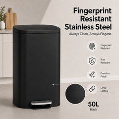 Nyxi 50L Stainless Steel Pedal Bin with Soft-Close Lid ,Fingerprint Resistant - Black