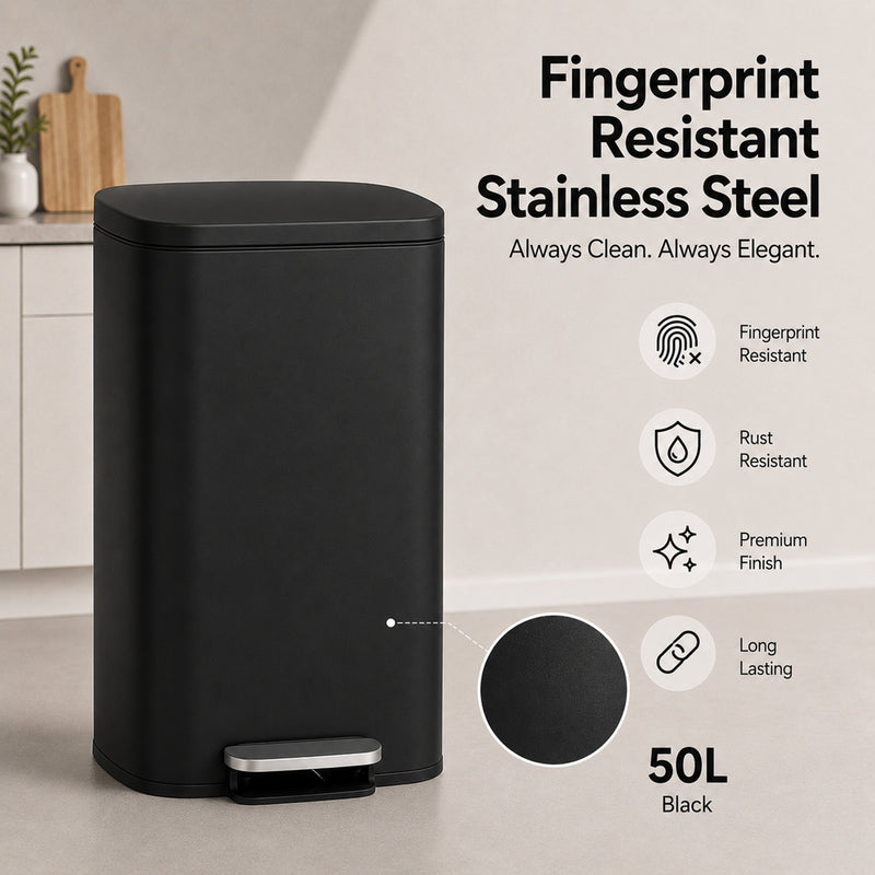 Nyxi 50L Stainless Steel Pedal Bin with Soft-Close Lid ,Fingerprint Resistant - Black