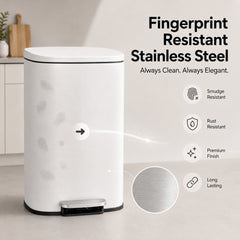 Nyxi 30L Stainless Steel Pedal Bin with Soft-Close Lid, Fingerprint Resistant - White