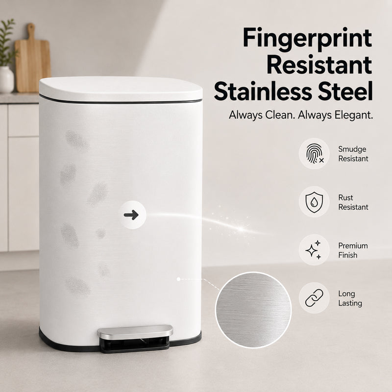 Nyxi 30L Stainless Steel Pedal Bin with Soft-Close Lid, Fingerprint Resistant - White