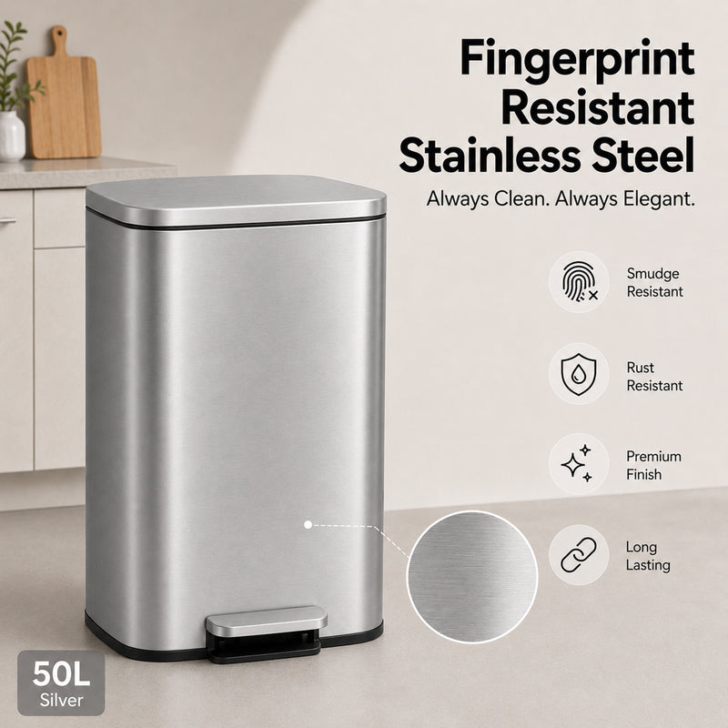 Nyxi 50L Stainless Steel Pedal Bin with Soft-Close Lid ,Fingerprint Resistant - Silver