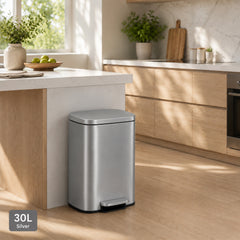 Nyxi 30L Pedal Bin Soft-Close Lid Stainless Steel Durable Design for Home & Office - Silver