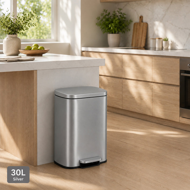 Nyxi 30L Pedal Bin Soft-Close Lid Stainless Steel Durable Design for Home & Office - Silver