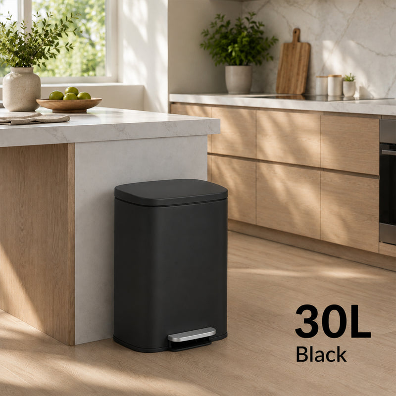 Nyxi 30L Stainless Steel Pedal Bin with Soft-Close Lid, Fingerprint Resistant - Black