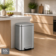 Nyxi 50L Stainless Steel Pedal Bin with Soft-Close Lid ,Fingerprint Resistant - Silver