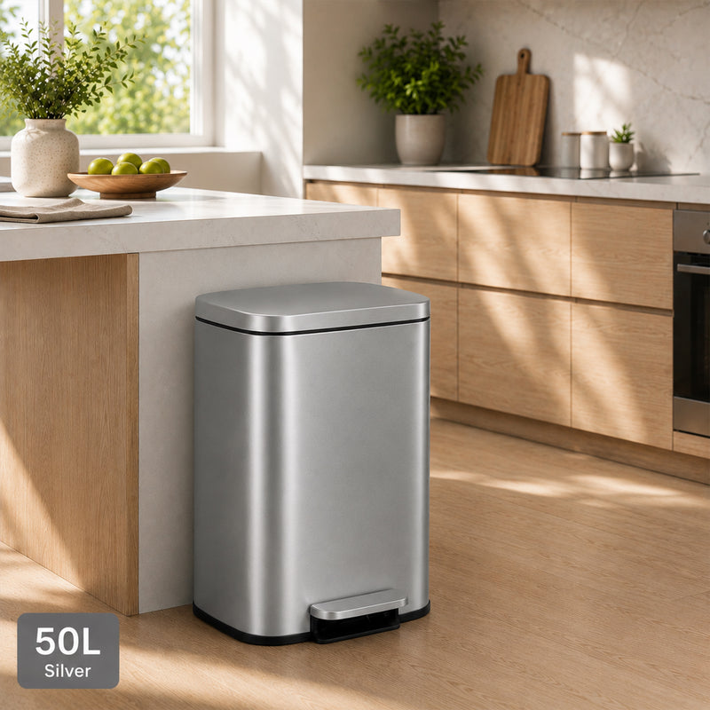 Nyxi 50L Stainless Steel Pedal Bin with Soft-Close Lid ,Fingerprint Resistant - Silver