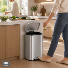 Nyxi 30L Pedal Bin Soft-Close Lid Stainless Steel Durable Design for Home & Office - Silver