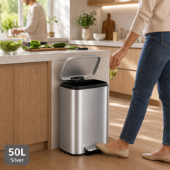 Nyxi 50L Stainless Steel Pedal Bin with Soft-Close Lid ,Fingerprint Resistant - Silver