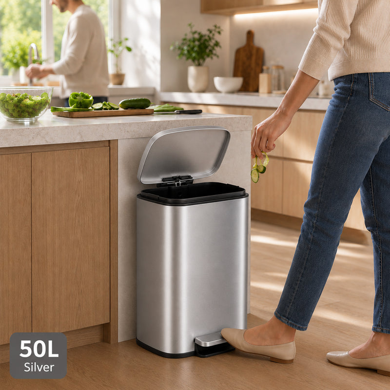Nyxi 50L Stainless Steel Pedal Bin with Soft-Close Lid ,Fingerprint Resistant - Silver