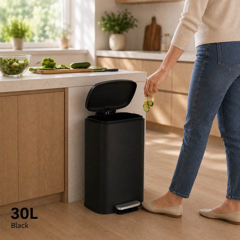 Nyxi 30L Stainless Steel Pedal Bin with Soft-Close Lid, Fingerprint Resistant - Black