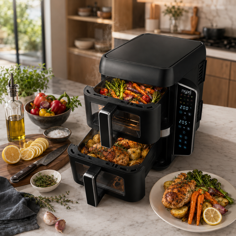 Nyxi 9L Stacked Dual Basket Air Fryer - 2 x 4.5L, 12 Modes, 2400W, Sync Finish - Black