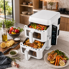 Nyxi 9L Stacked Dual Basket Air Fryer - 2 x 4.5L, 12 Modes, 2400W, Sync Finish - White