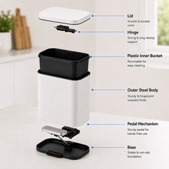 Nyxi 50L Stainless Steel Pedal Bin with Soft-Close Lid ,Fingerprint Resistant - White