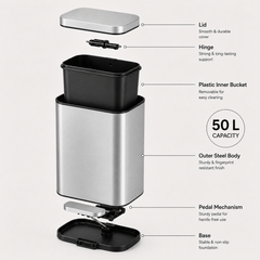 Nyxi 50L Stainless Steel Pedal Bin with Soft-Close Lid ,Fingerprint Resistant - Silver