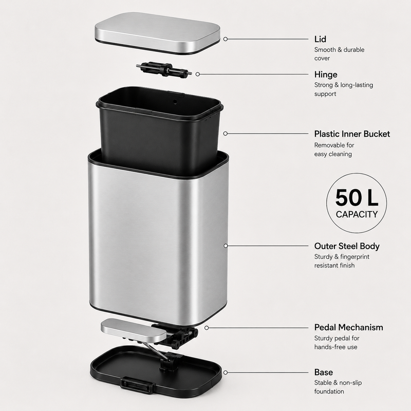 Nyxi 50L Stainless Steel Pedal Bin with Soft-Close Lid ,Fingerprint Resistant - Silver