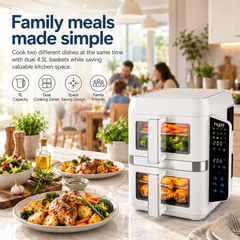 Nyxi 9L Stacked Dual Basket Air Fryer - 2 x 4.5L, 12 Modes, 2400W, Sync Finish - White