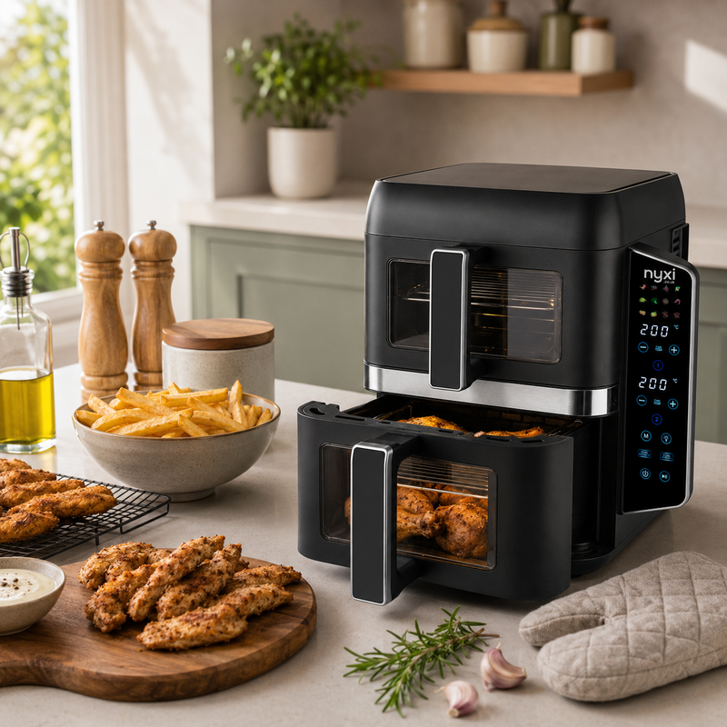 Nyxi 9L Stacked Dual Basket Air Fryer - 2 x 4.5L, 12 Modes, 2400W, Sync Finish - Black